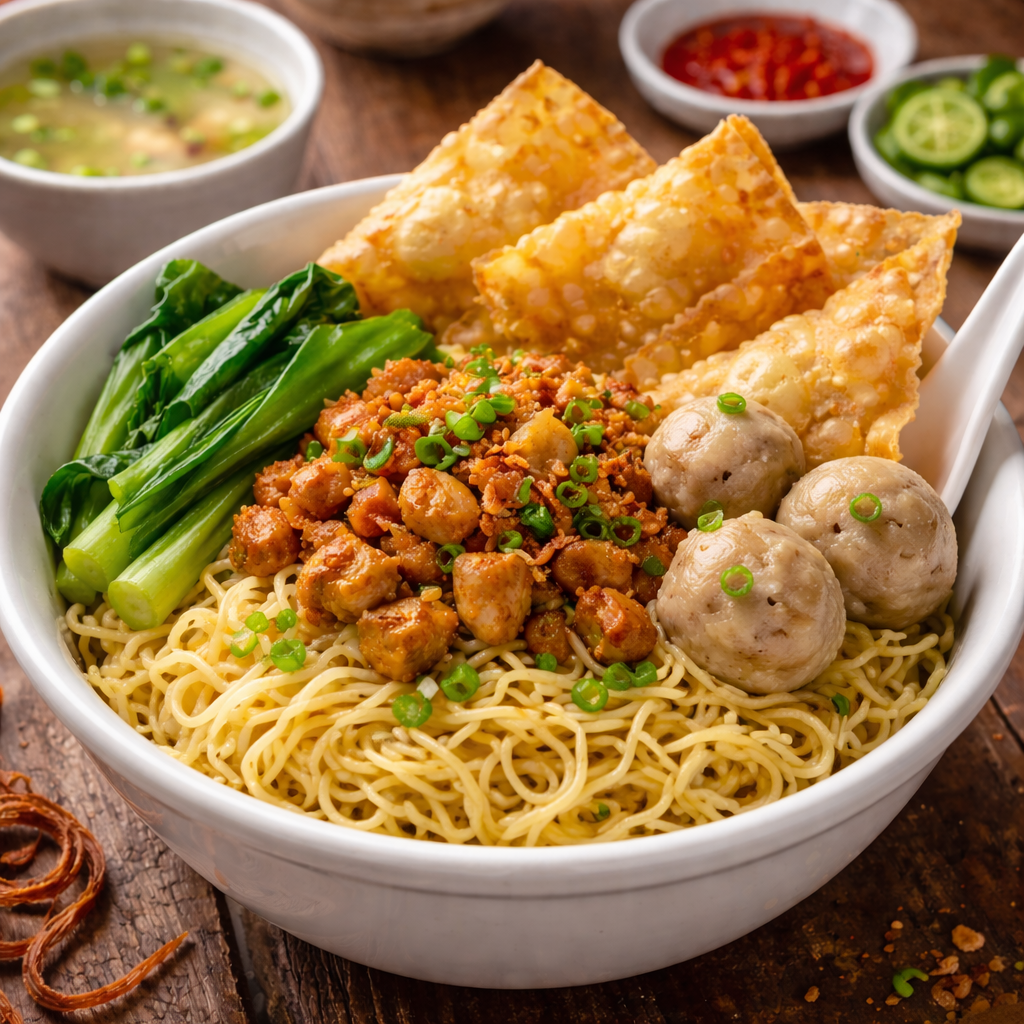 Mie Ayam Bakso dan Pangsit kombinasi lengkap dengan topping melimpah